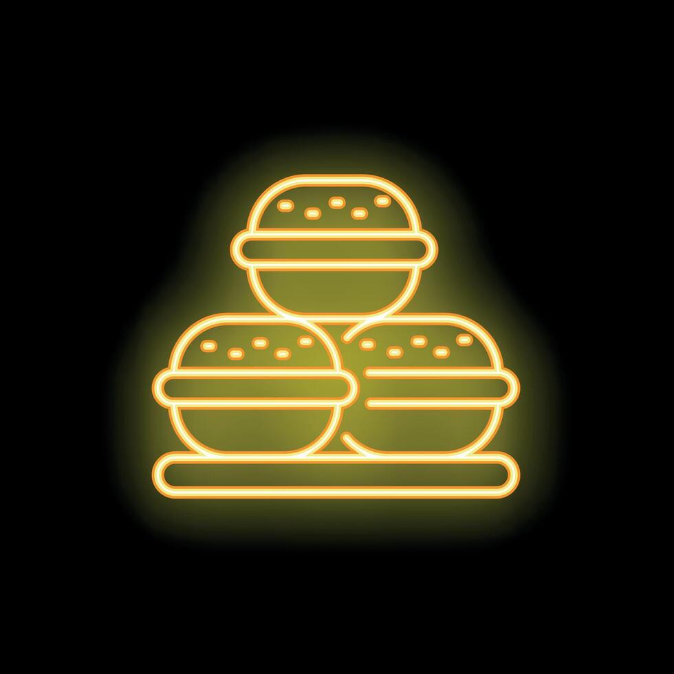 Yellow neon sign showing three delicious burgers on a tray vector