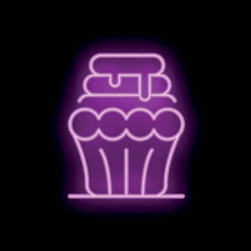 Glowing purple neon sign of a cupcake with icing dripping on black background vector
