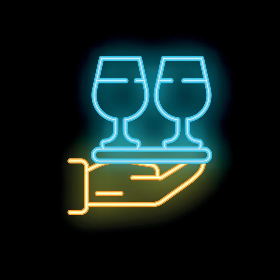 Bartender hand holding a tray with two wine glasses neon sign on black background vector