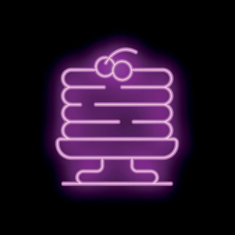 Neon icon of pancakes with cherries on top shining on black background vector
