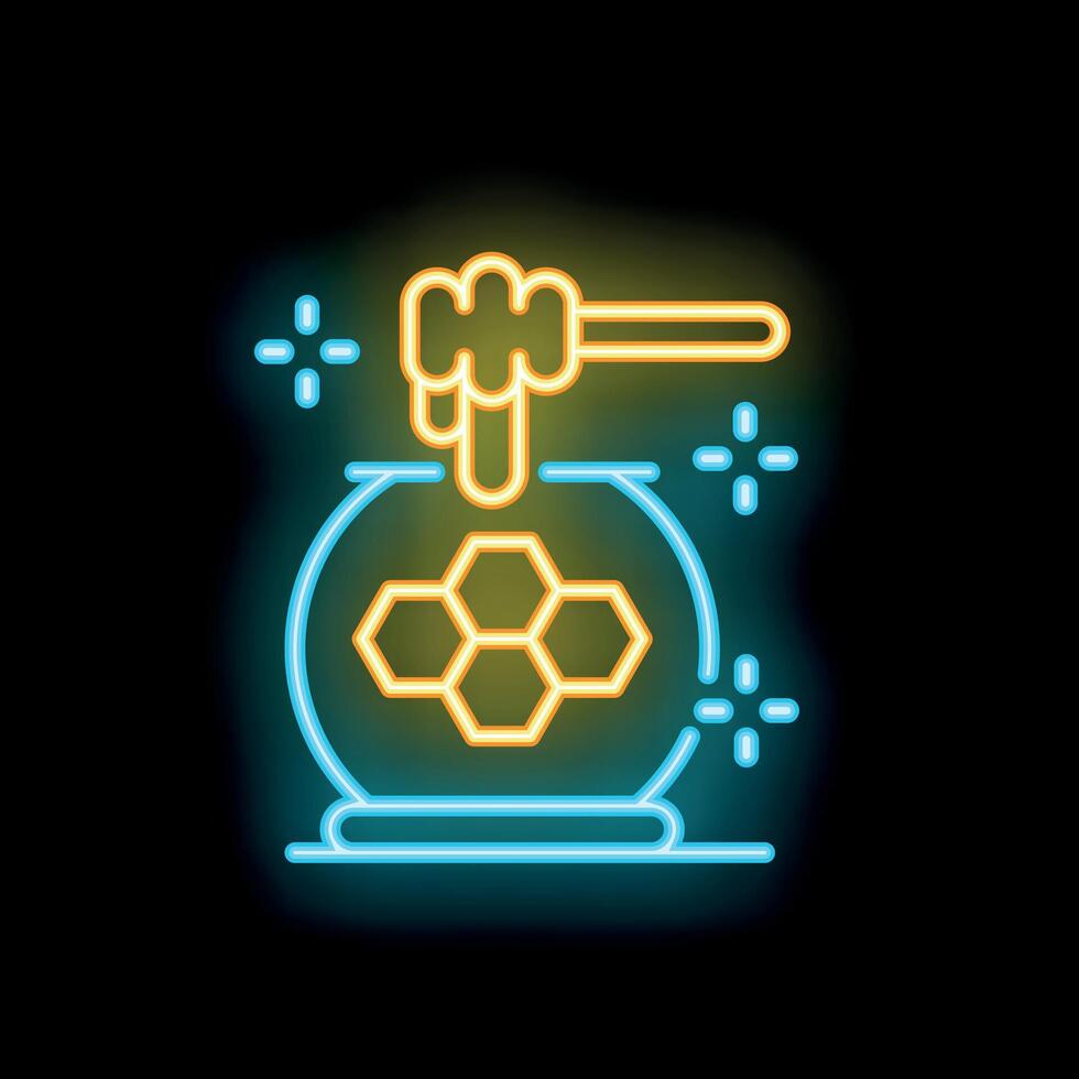 Neon sign of honey dipper dripping honey into a honeycomb jar vector