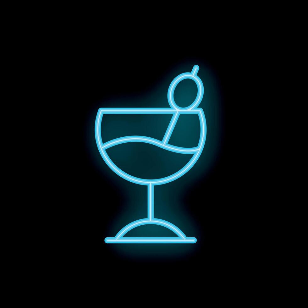 Neon sign showing blue cocktail glass with olive on black background vector