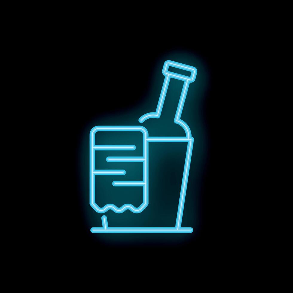 Bright glowing neon blue wine bottle chilling in a bucket with a towel on a black background vector