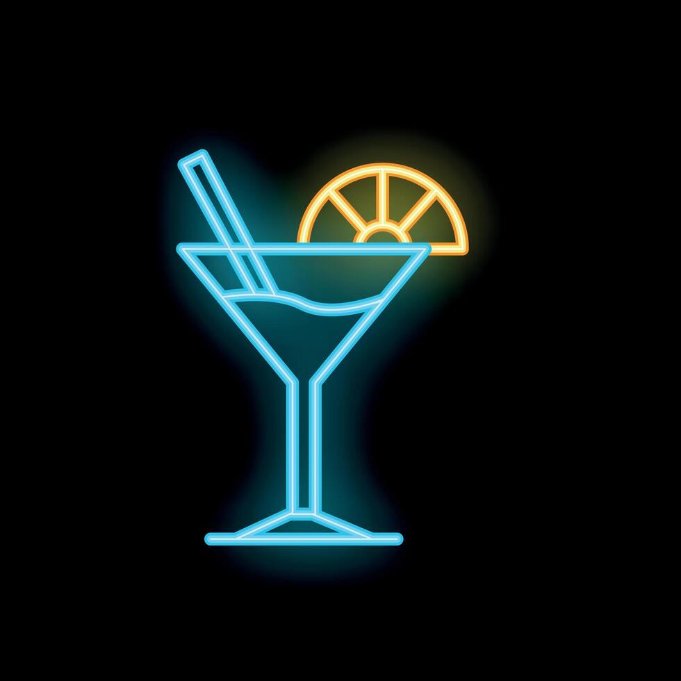 Neon cocktail glass with slice of orange and drinking straw shining in the dark vector
