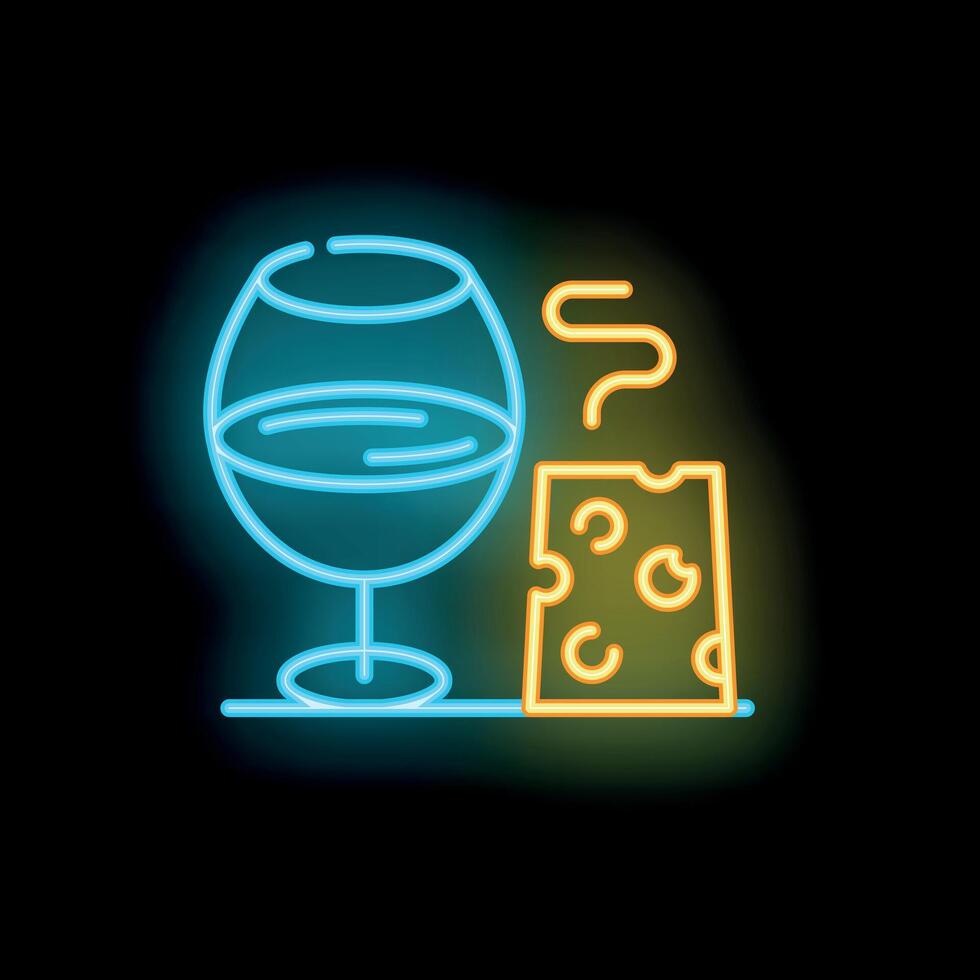 Neon sign showing glass of wine and cheese pairing vector