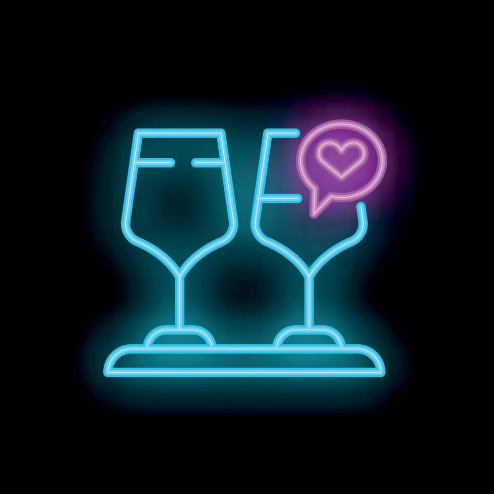 Neon sign of two wine glasses with heart shape speech bubble representing romantic toast vector