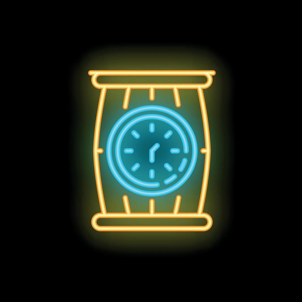 Neon sign depicting barrel with clock inside on black background vector