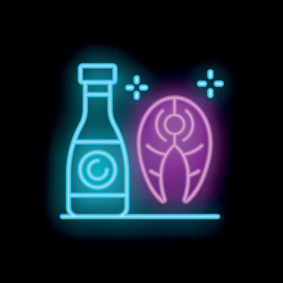 Glowing neon icon of salmon steak and soy sauce bottle on black background vector