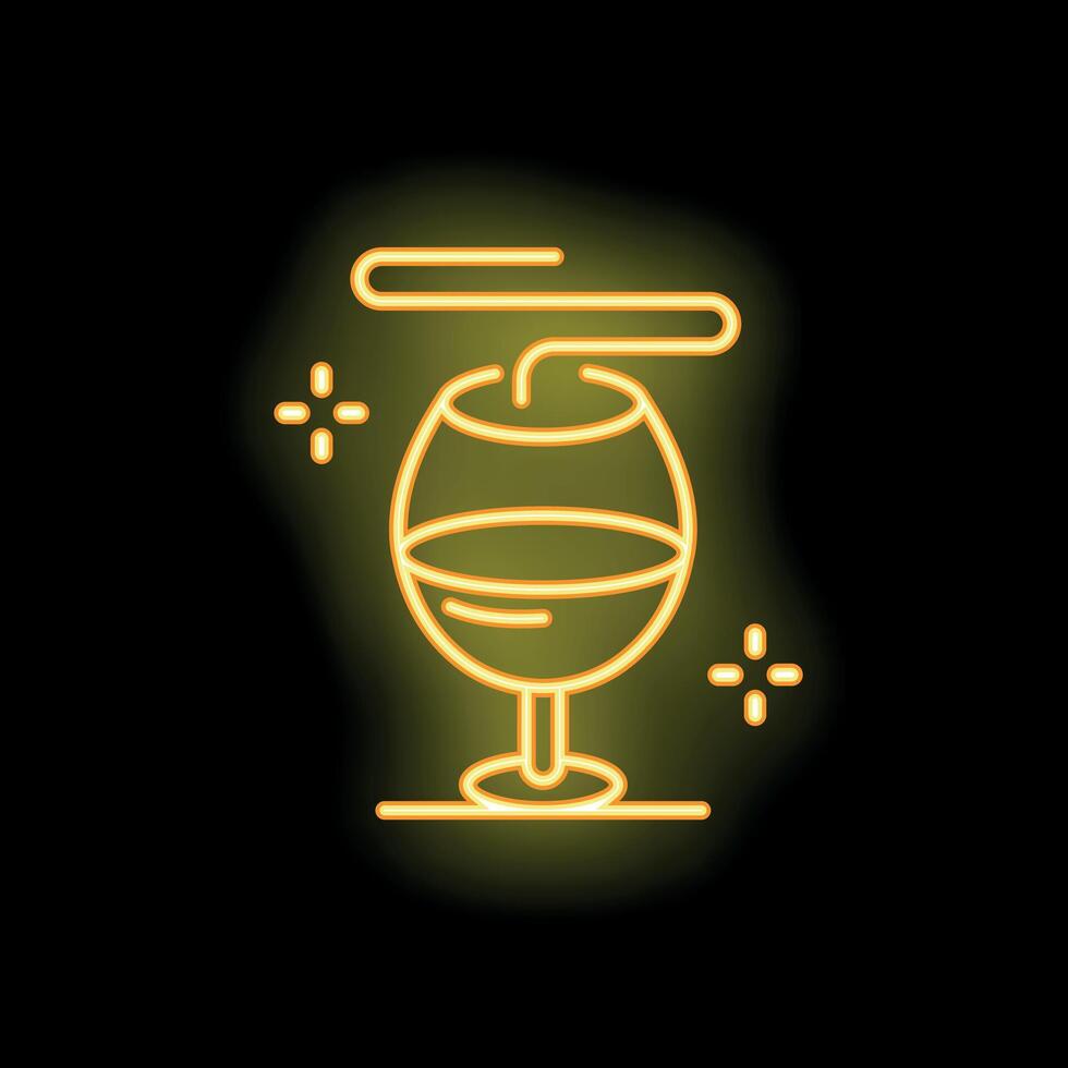 Yellow neon sign of wine glass with straw on black background vector