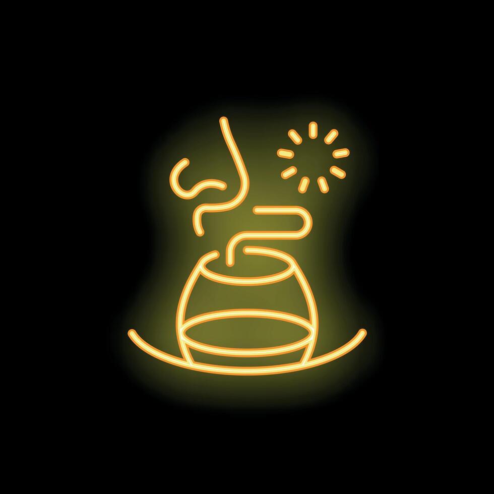 Yellow neon sign of a nose smelling a steaming cauldron on black background vector