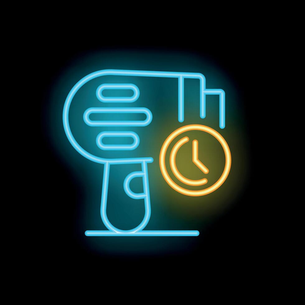 Neon icon of hair dryer with timer showing styling time vector