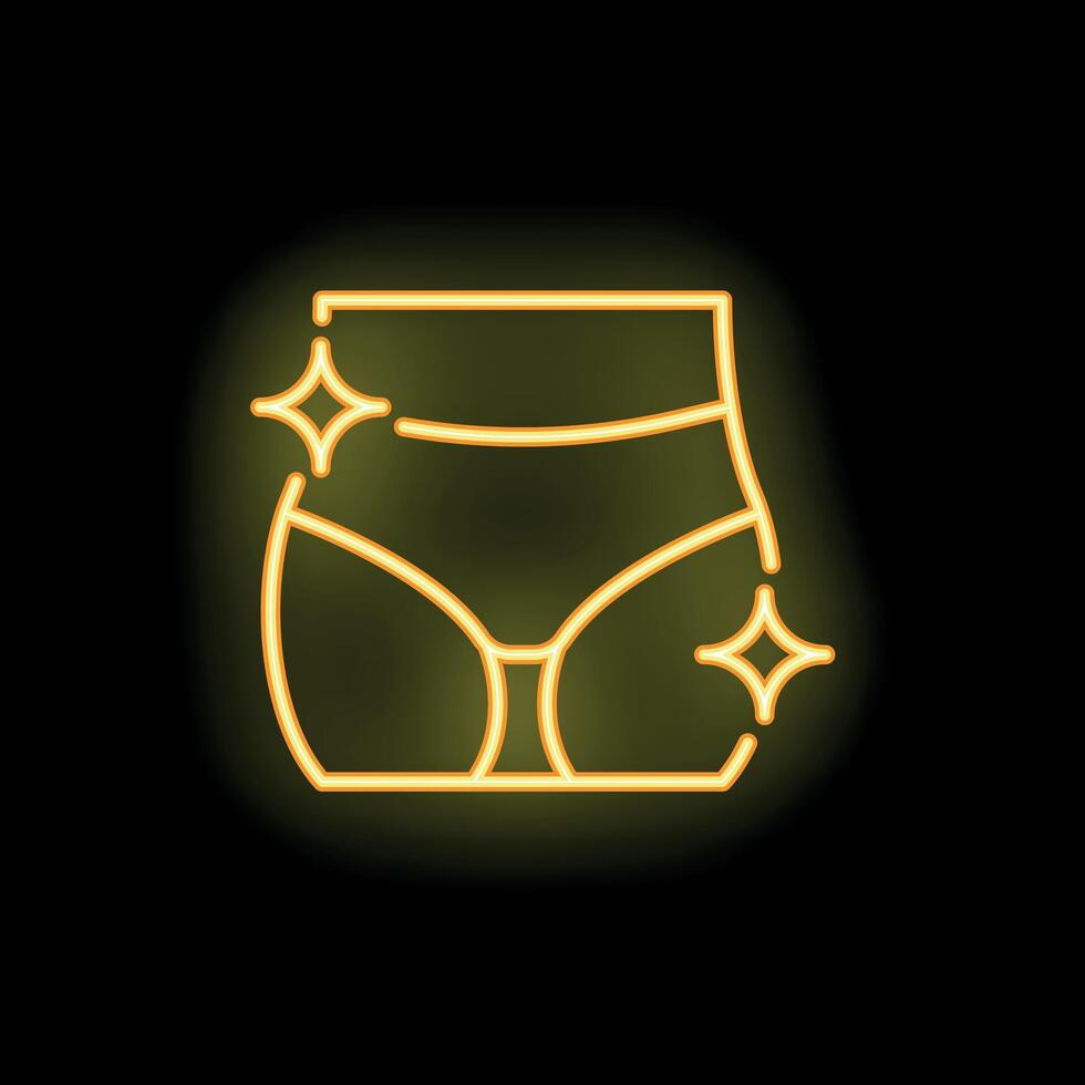 Yellow neon sign of woman body shape with glowing sparkles on black background vector