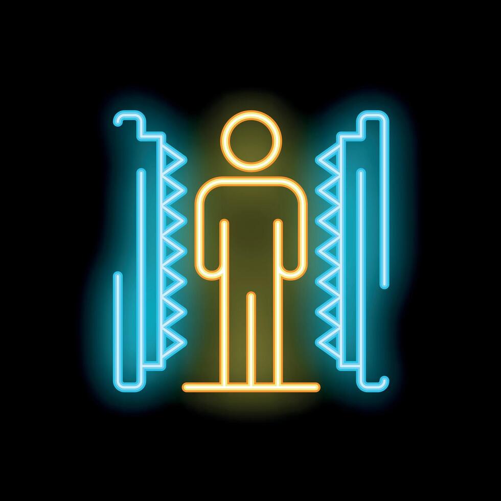 Neon icon of person standing between circular saw blades vector