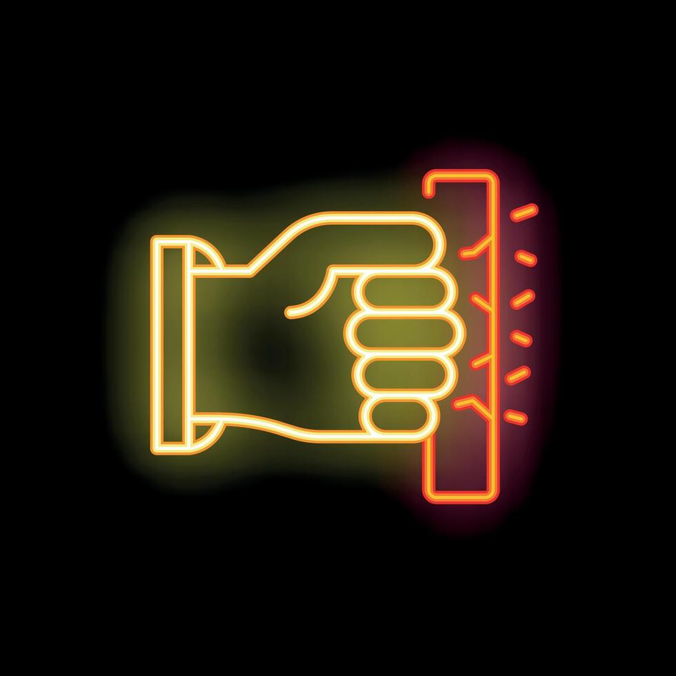 Hand holding vibrating object neon sign on black background vector