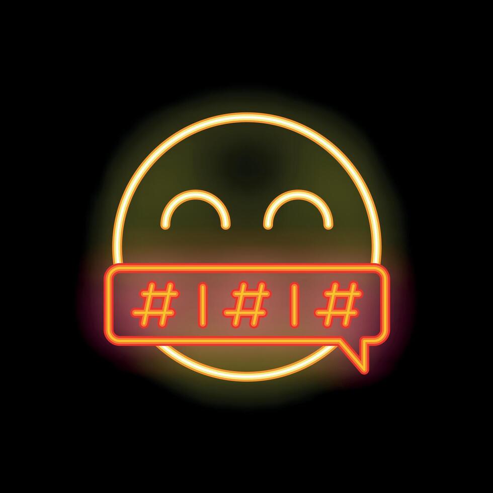 Neon emoticon hiding its mouth with hashtags in a speech bubble vector