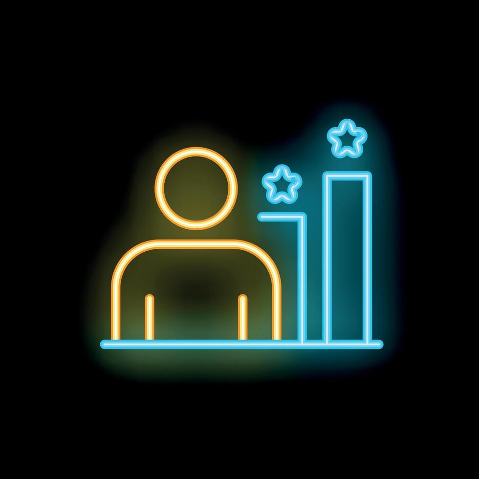 Businessman standing near growing bar chart with stars neon signboard style icon vector