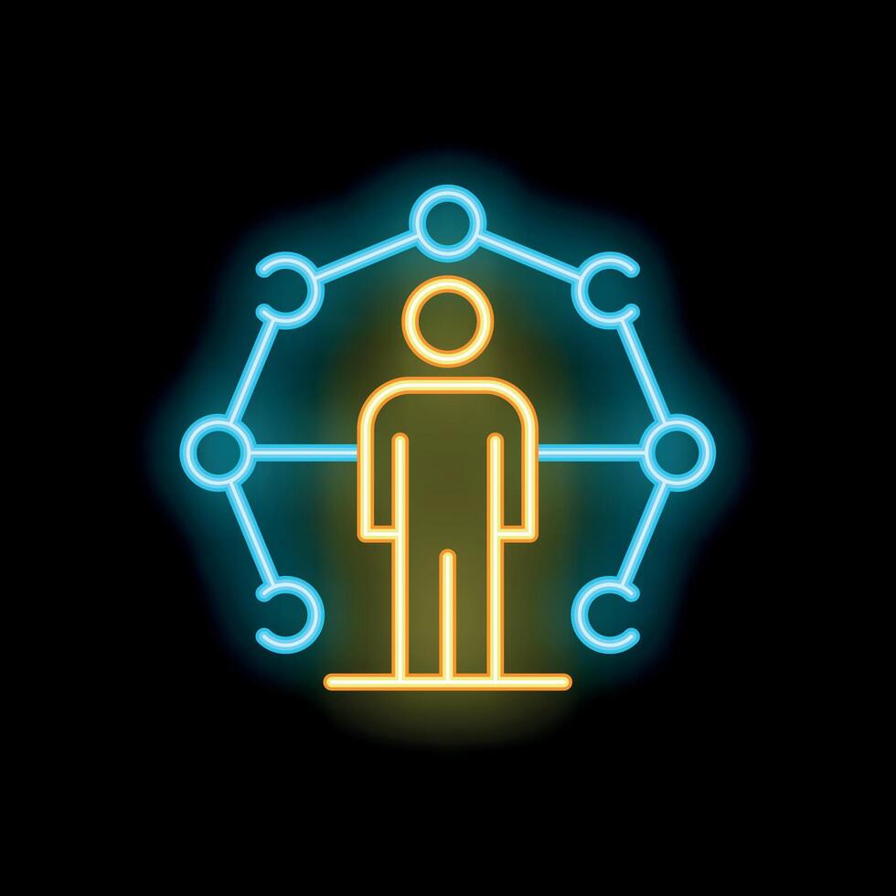 Neon icon of businessman standing inside network representing business connections vector
