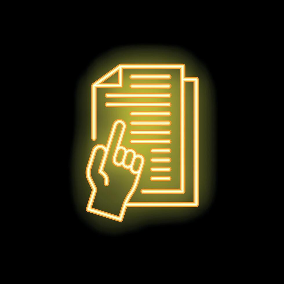 Neon sign illustrating a hand pointing its index at a document vector