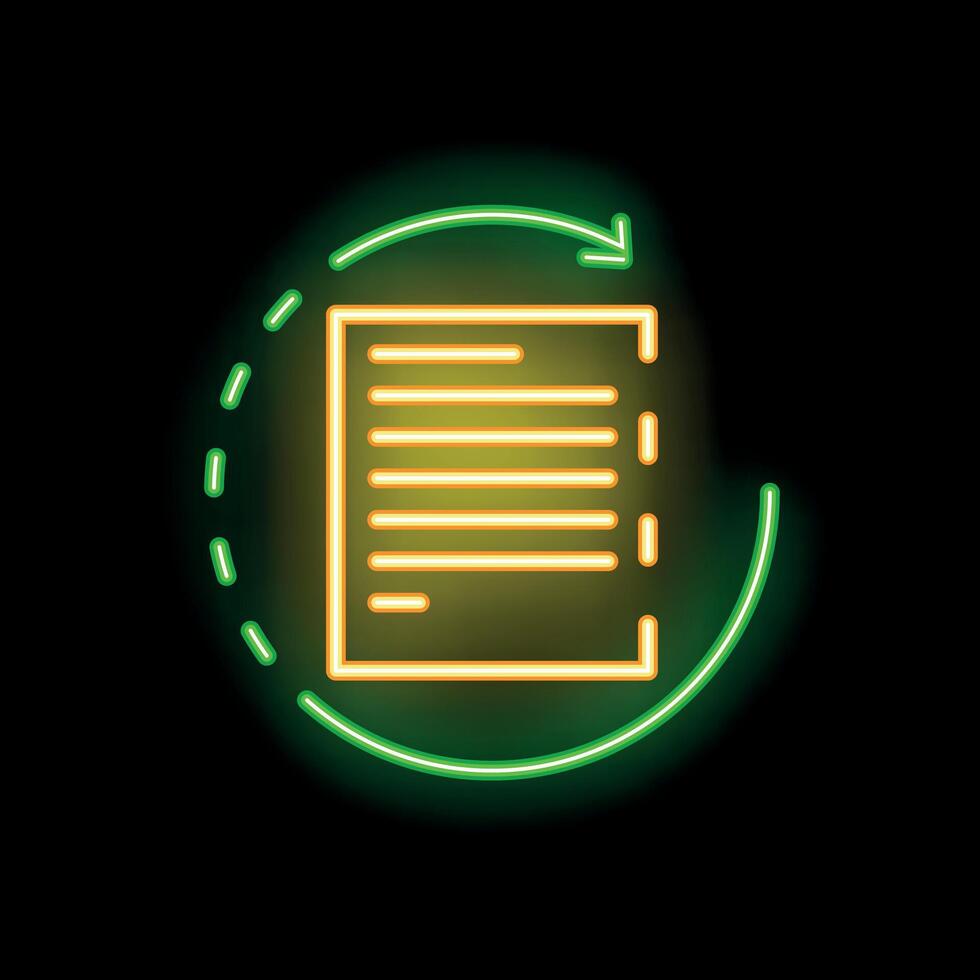 Neon green refreshing document icon on black background vector