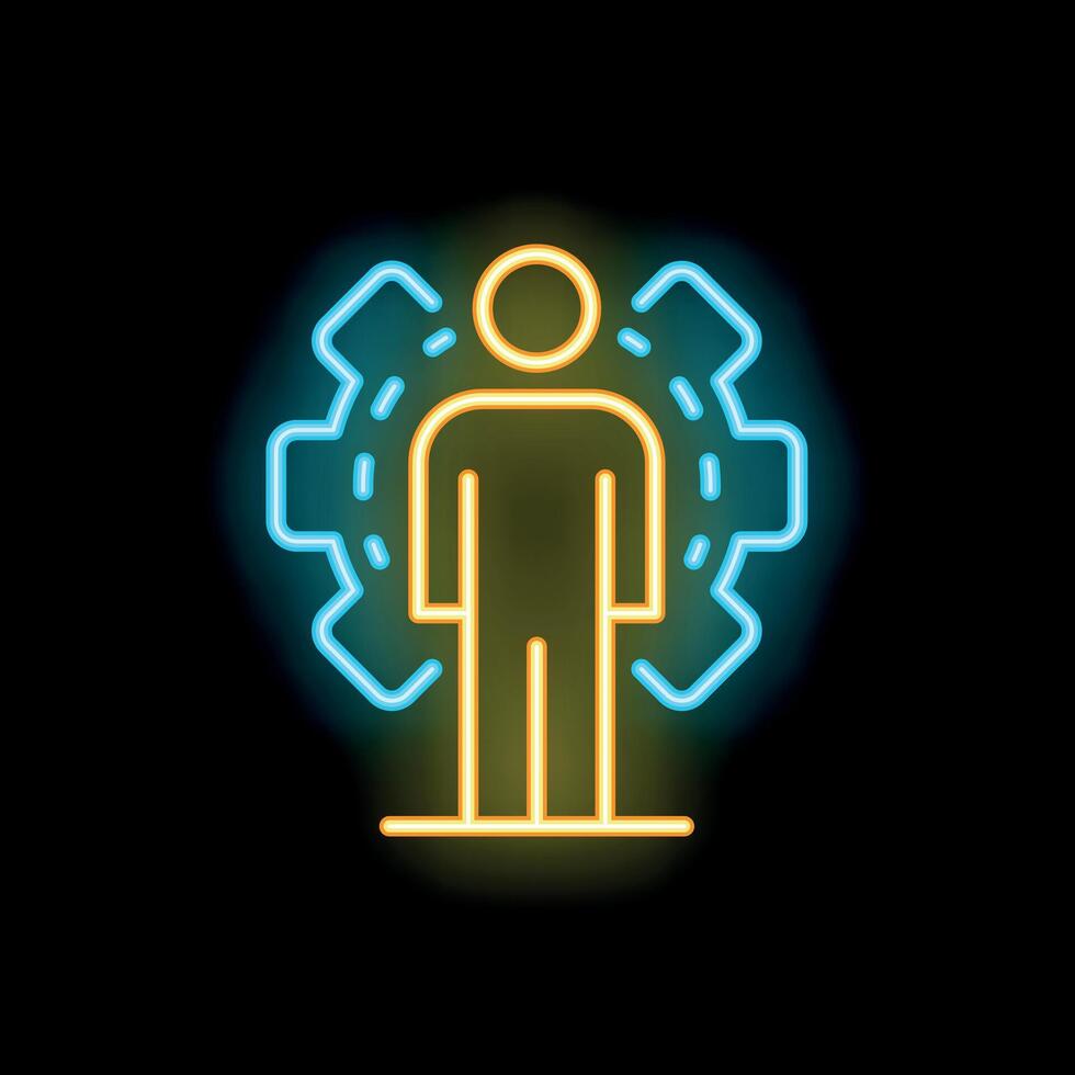 Neon sign representing human resource management with a person inside a gear vector