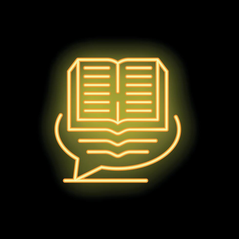 Neon sign depicting book over speech bubble on black background vector
