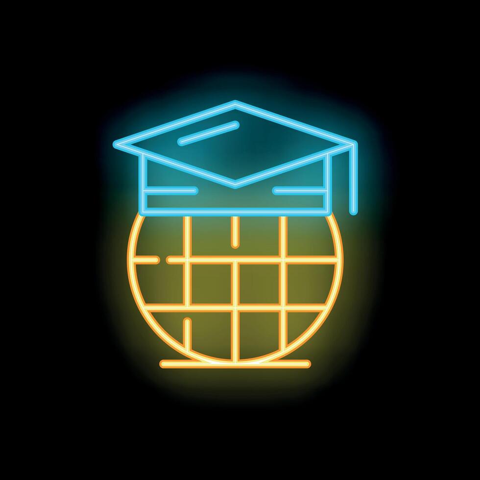 Neon icon of graduation hat over globe for online education and global learning vector