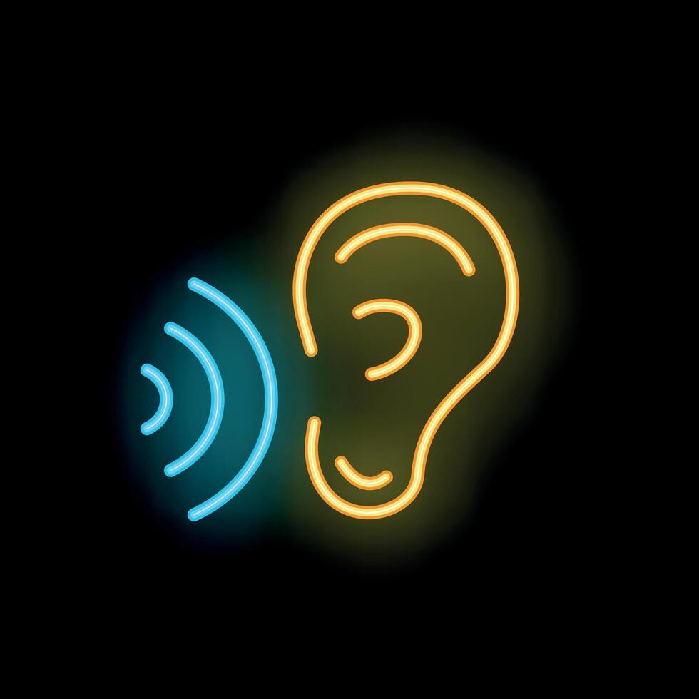 Neon style icon of ear receiving sound waves vector