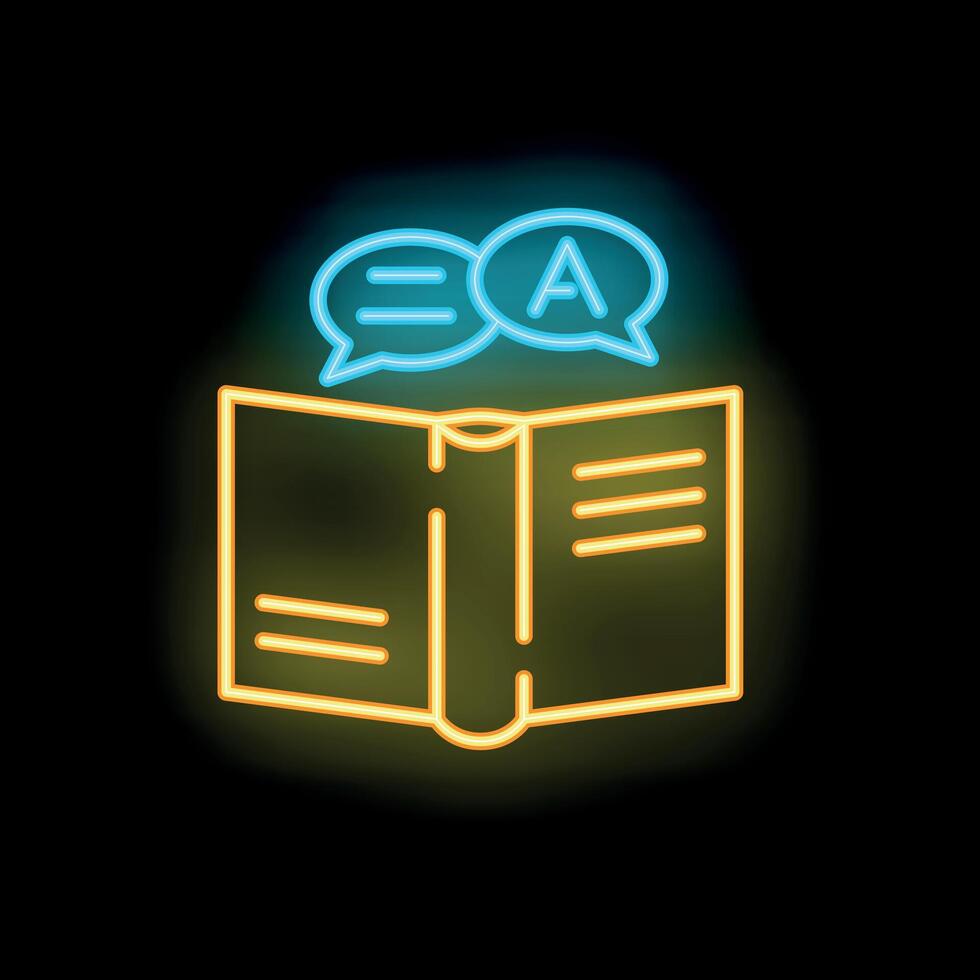 Neon open book with speech bubbles showing translation concept vector
