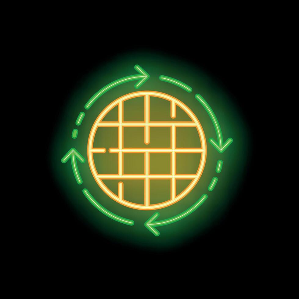 Neon green arrows circling globe grid on black background vector