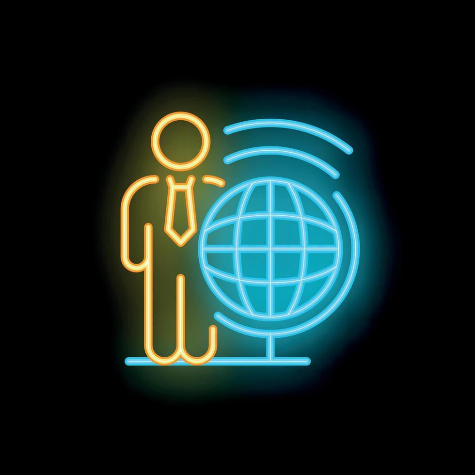 Businessman standing next to a connected globe neon sign vector