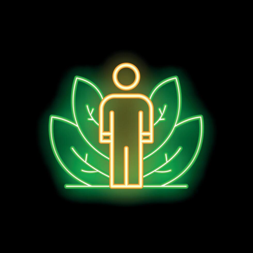 Neon sign of a man standing in front of leaves representing green living and sustainability vector