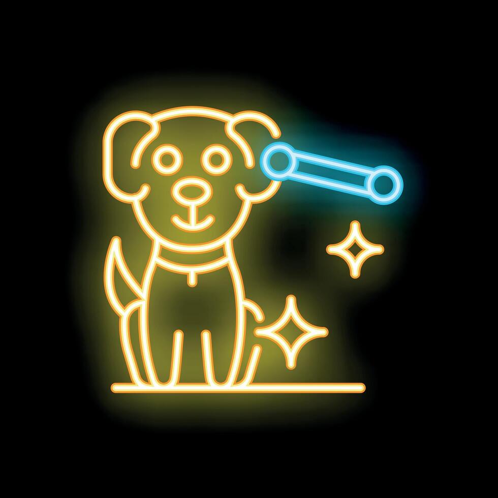 Neon dog carrying bone toy glowing brightly vector
