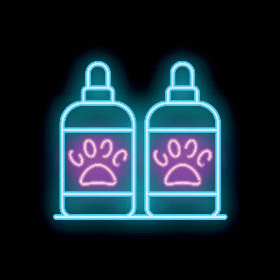 Glowing neon line pet shampoo icon isolated on a black background illustration. Glowing dog paw symbol vector