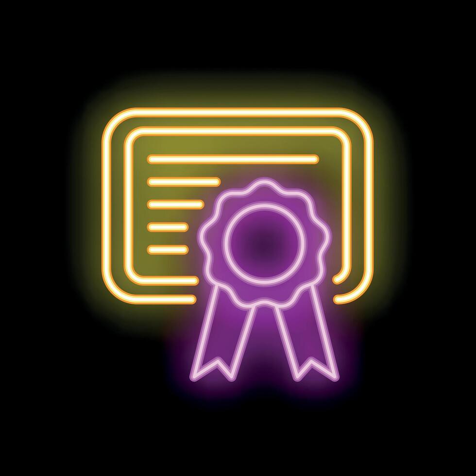 Neon icon of certificate with ribbon representing achievement and success vector