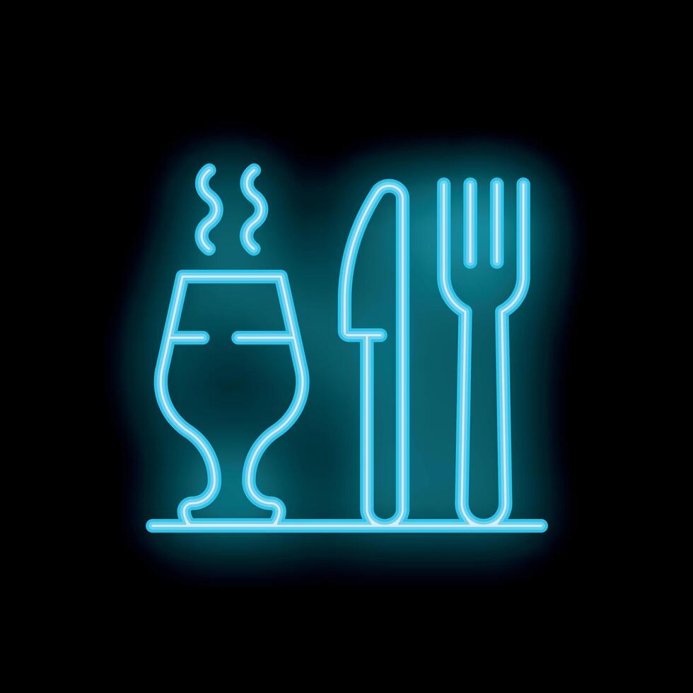 Blue neon sign displaying restaurant cutlery and a steaming glass on black background vector