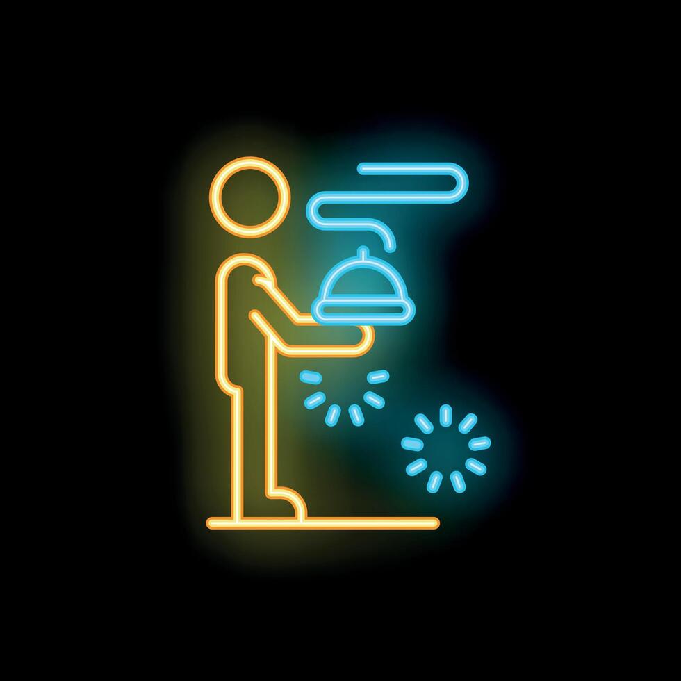 Neon sign of waiter carrying food tray with lid on and steam coming out vector