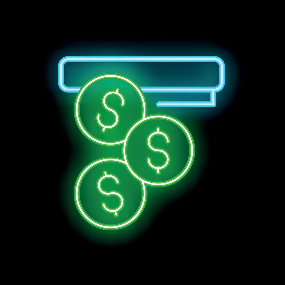 Neon sign of dollar coins falling from above vector