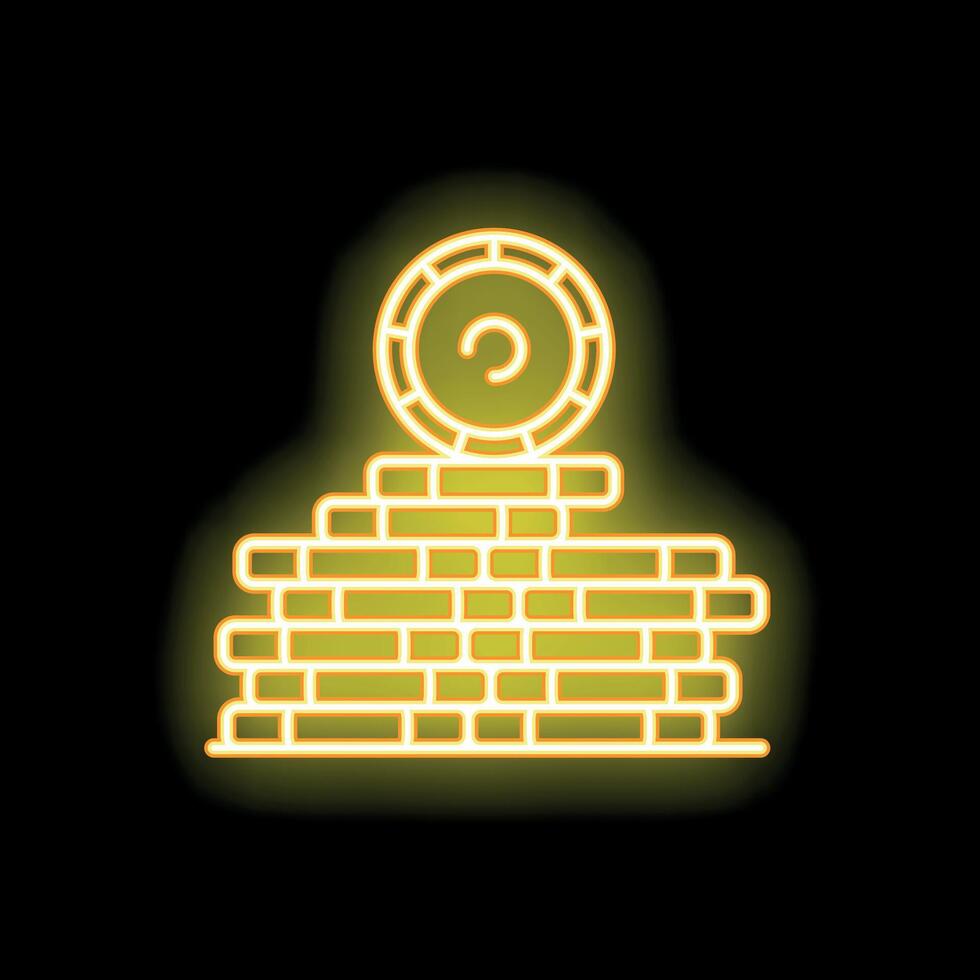 Yellow neon style casino chip balancing on a stack of other chips on a black background vector