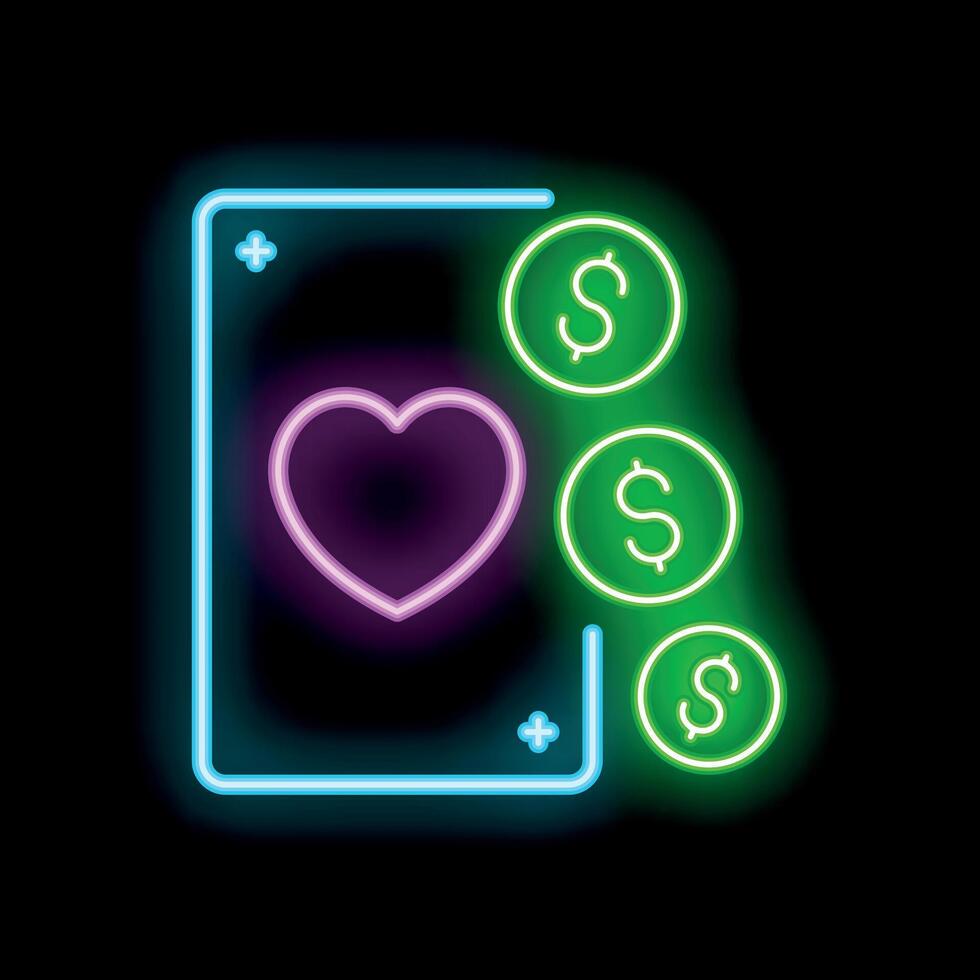 Neon icon of ace of hearts playing card with dollar coins for casino games and betting vector