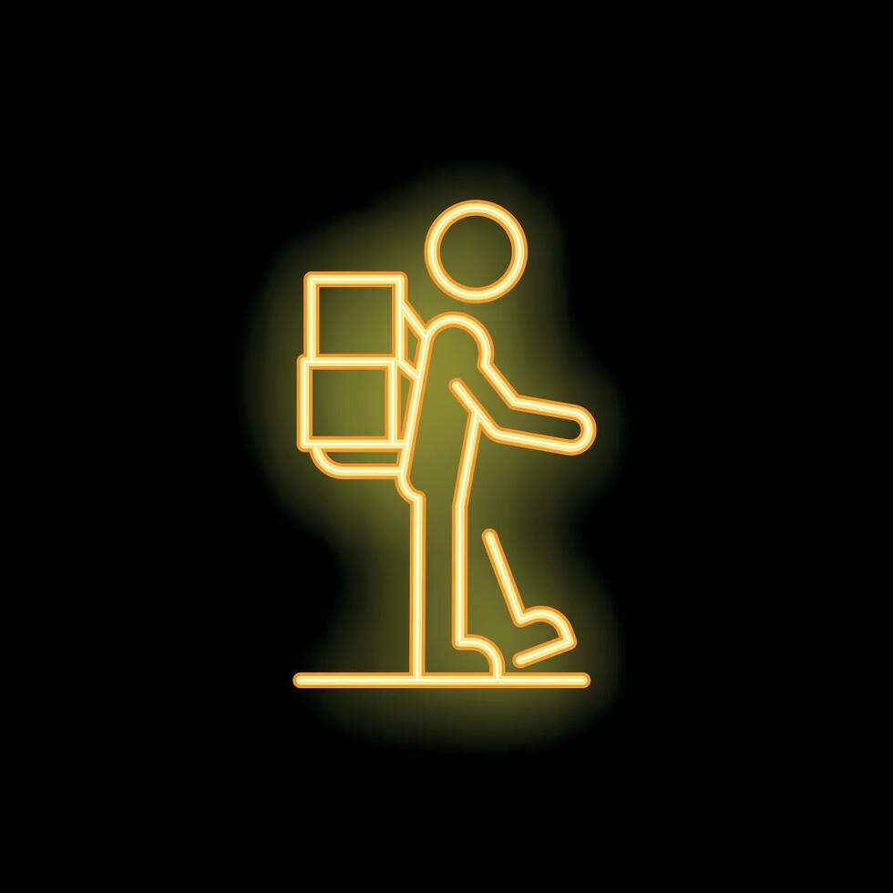 Delivery man walking with yellow neon icon backpack vector