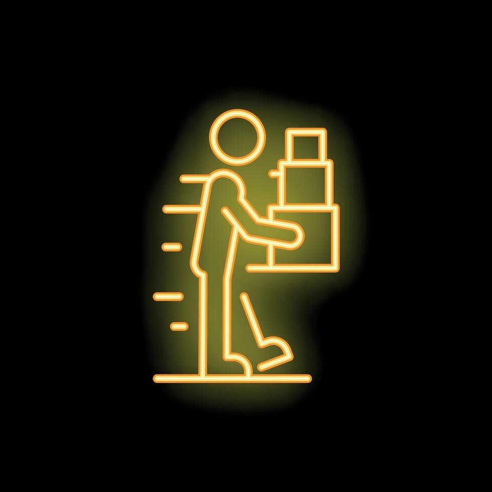 Delivery man carrying boxes running fast neon sign vector