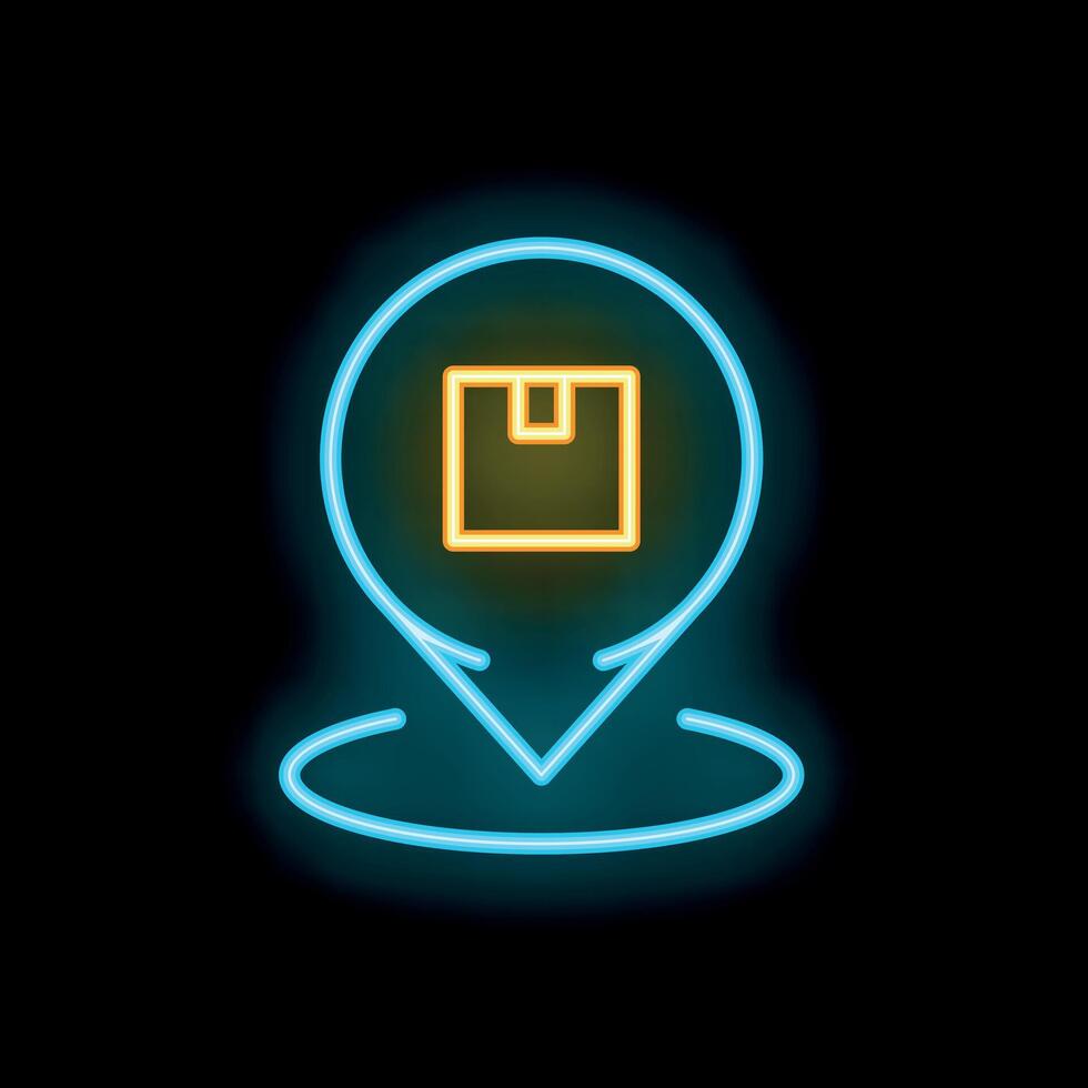 Neon location pin showing a cardboard package on a black background vector