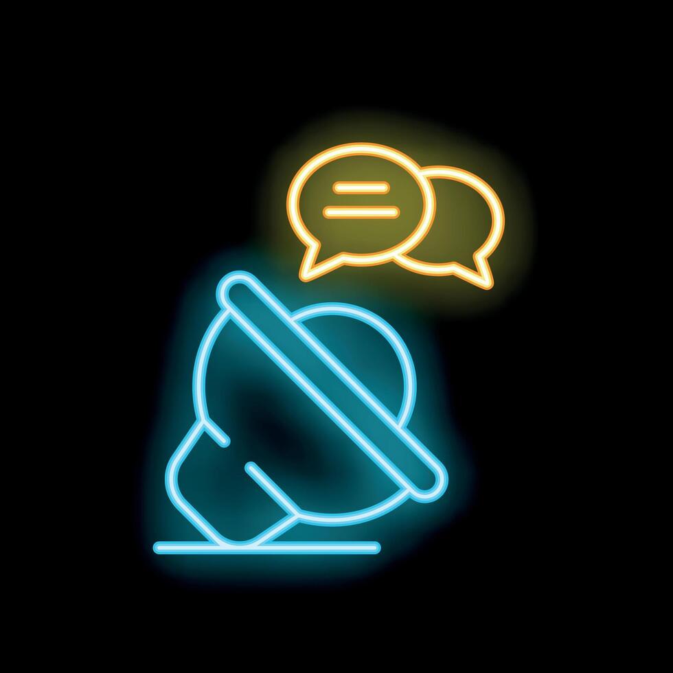 Neon icon of satellite dish receiving signals with speech bubbles representing communication vector