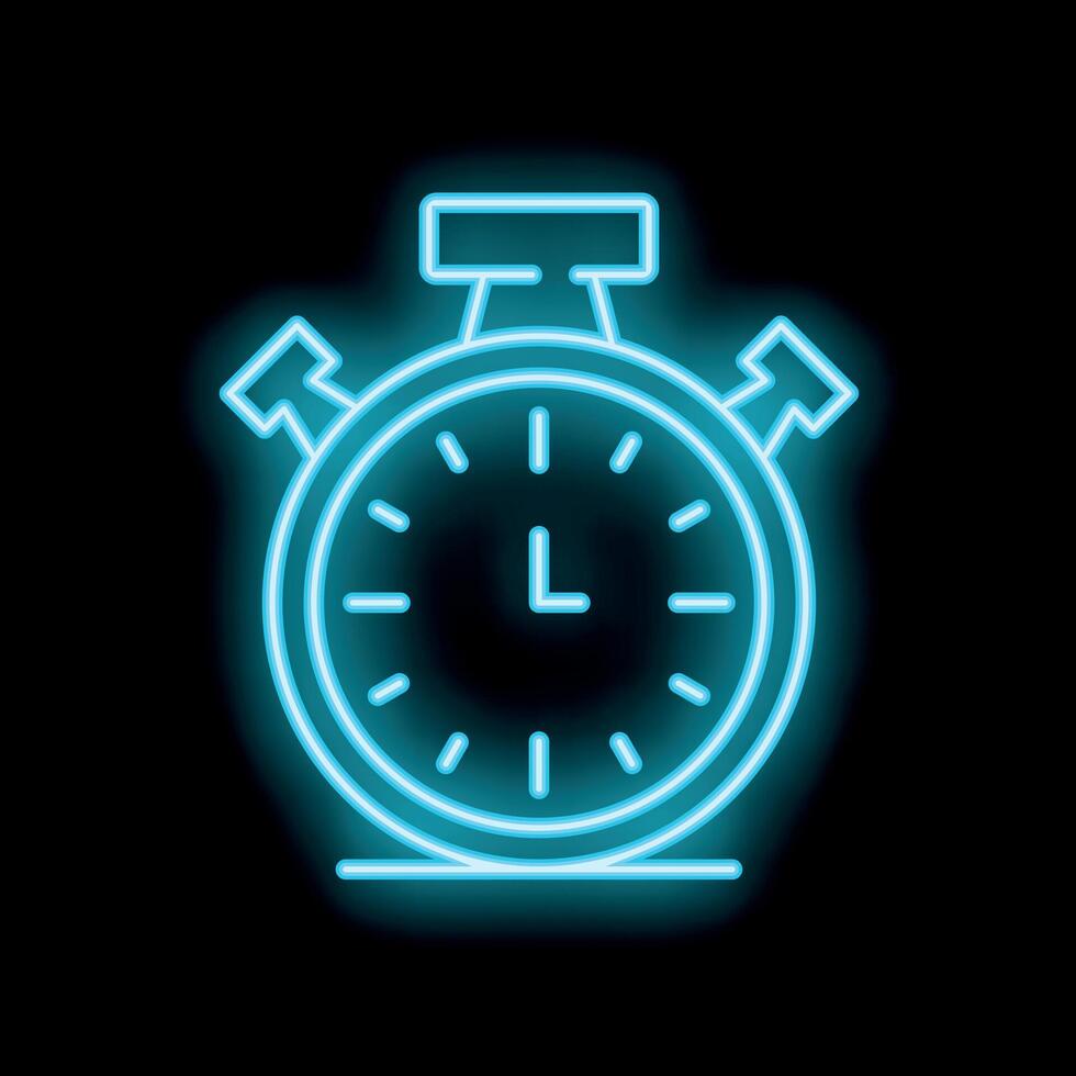 Neon blue stopwatch icon glowing on dark background vector