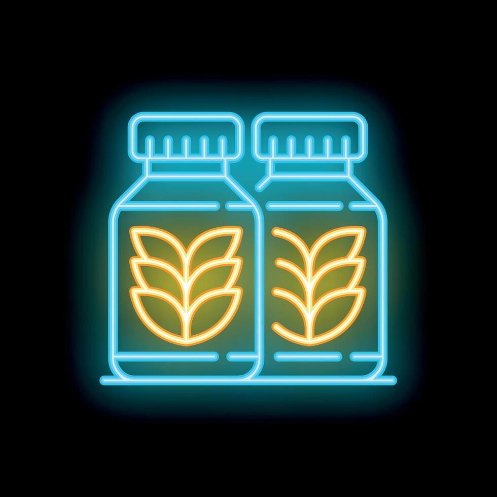 Neon icon of two sport nutrition supplements with wheat germ representing vegan protein shake vector