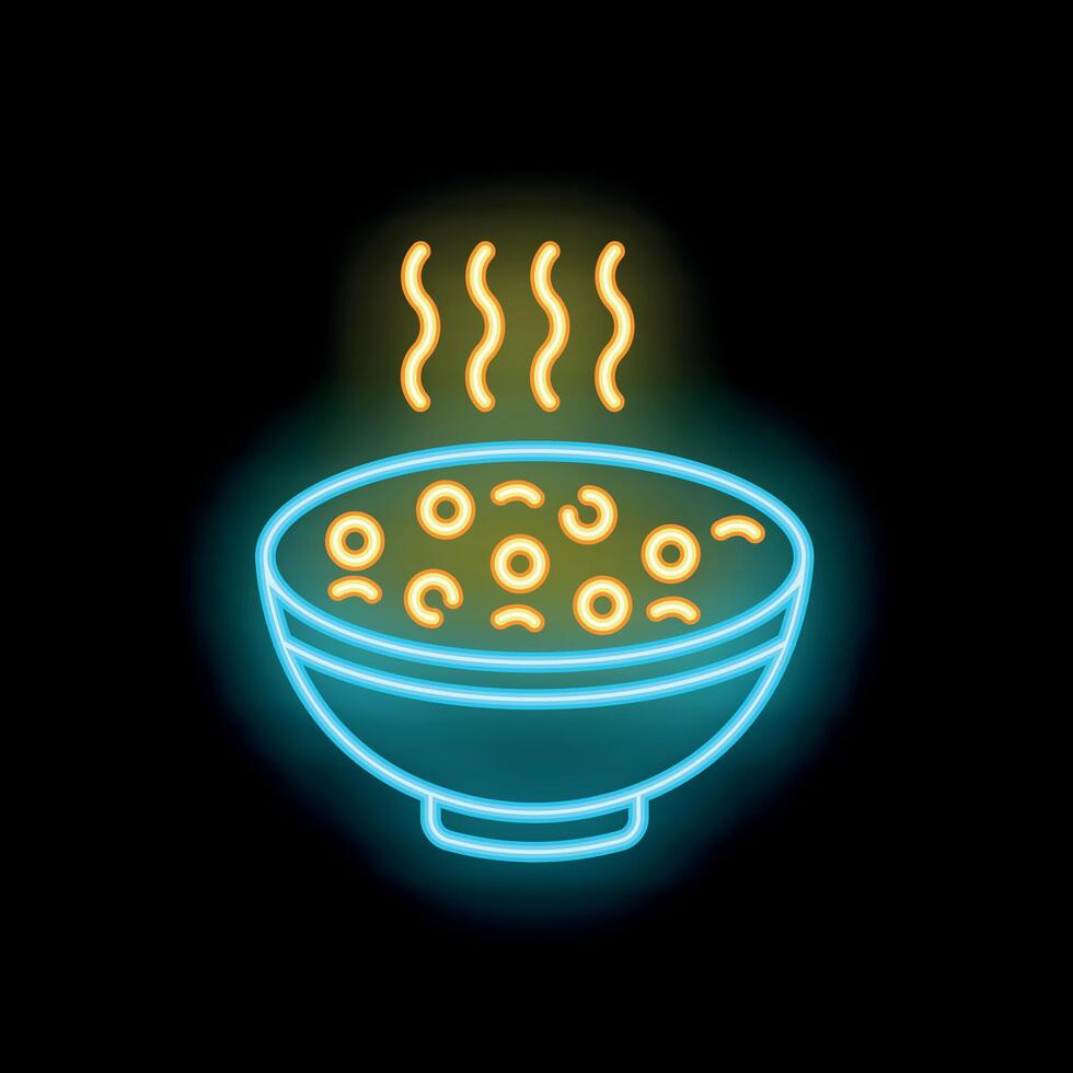 Neon icon of steaming hot bowl of soup on black background vector
