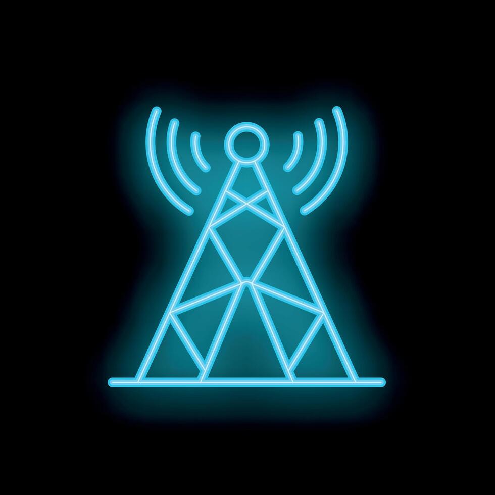 Neon icon of a telecommunication tower emitting radio waves vector