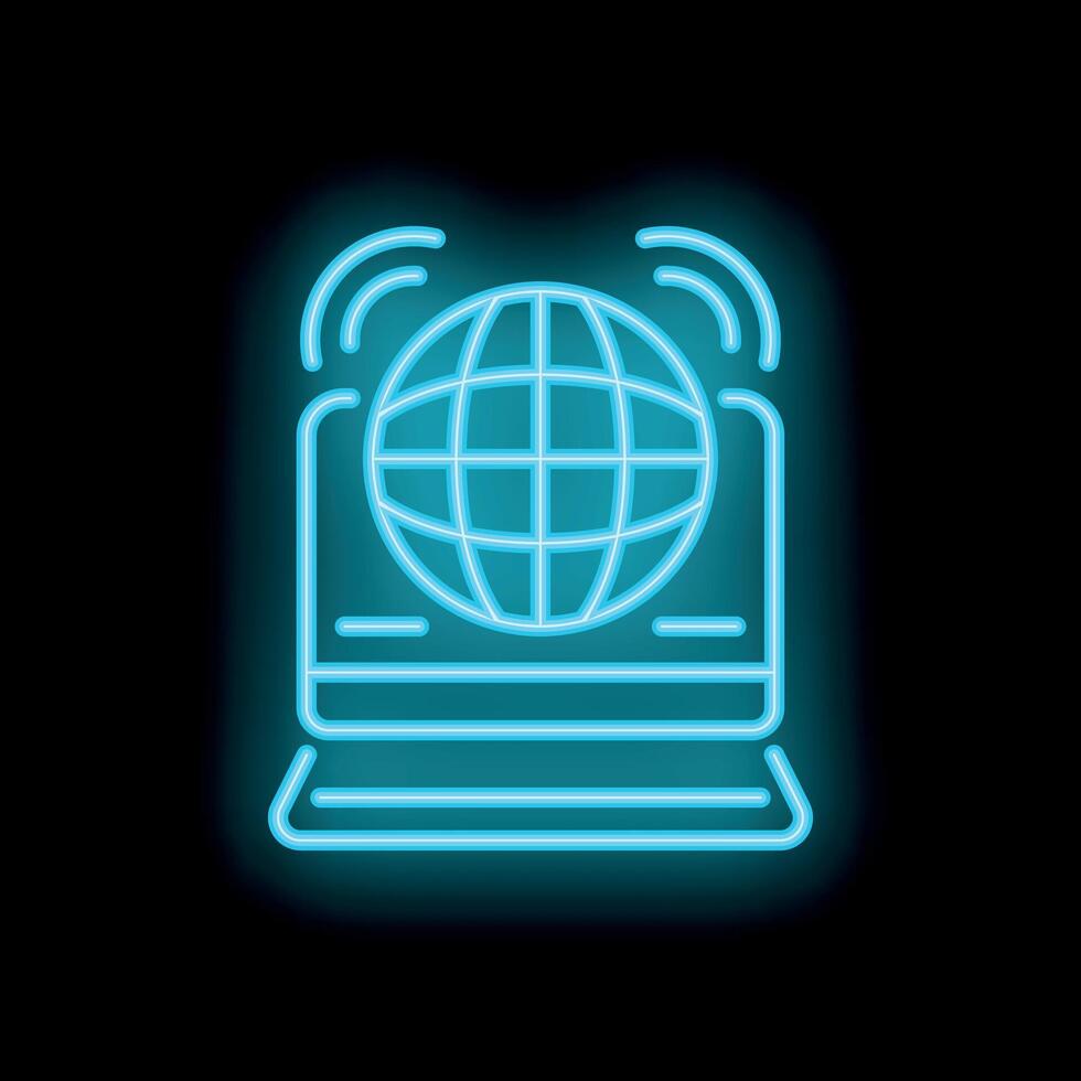 Neon icon of laptop displaying rotating globe for global communication concept vector