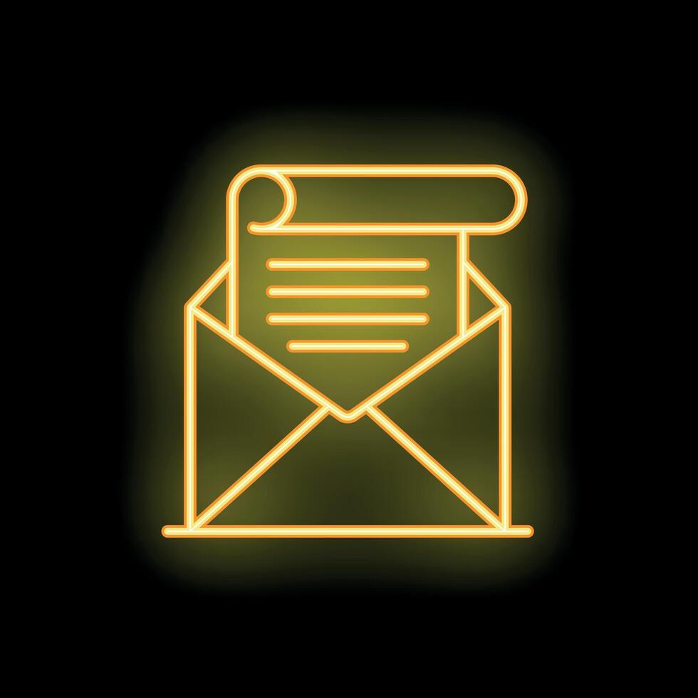 Neon icon of open envelope with letter sticking out on black background vector