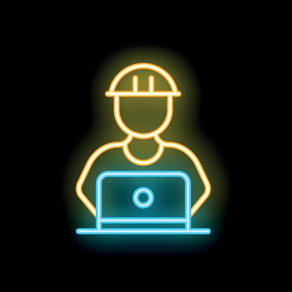 Construction worker using laptop neon sign on black background vector